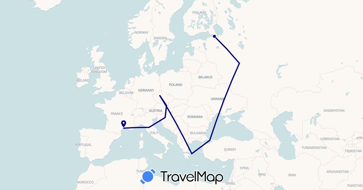 TravelMap itinerary: driving in Austria, Czech Republic, France, Greece, Croatia, Italy, Russia, Turkey (Asia, Europe)