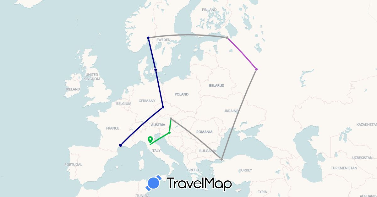 TravelMap itinerary: driving, bus, plane, train in Austria, Czech Republic, Denmark, France, Croatia, Italy, Norway, Russia, Turkey (Asia, Europe)